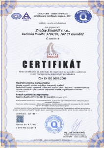 Certifikát Značky Šindelář s.r.o.